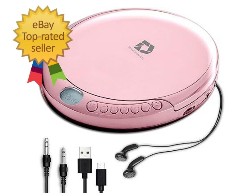 Portable CD Player, Anti-Skip, Stereo Earbuds, Aux & USB Cable, Home/Car, Pink