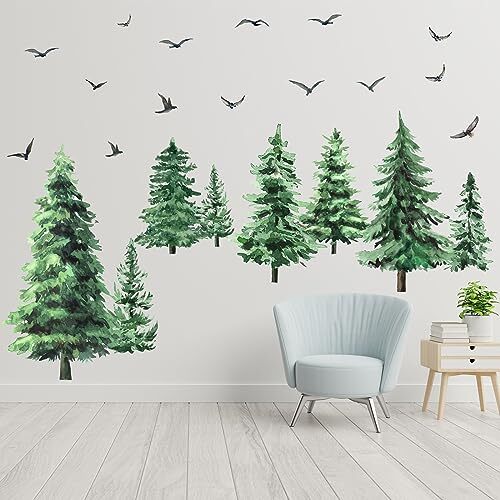 Watercolor Pine Tree Wall Decals Large Tree Wall Sticker Peel and Classic Style