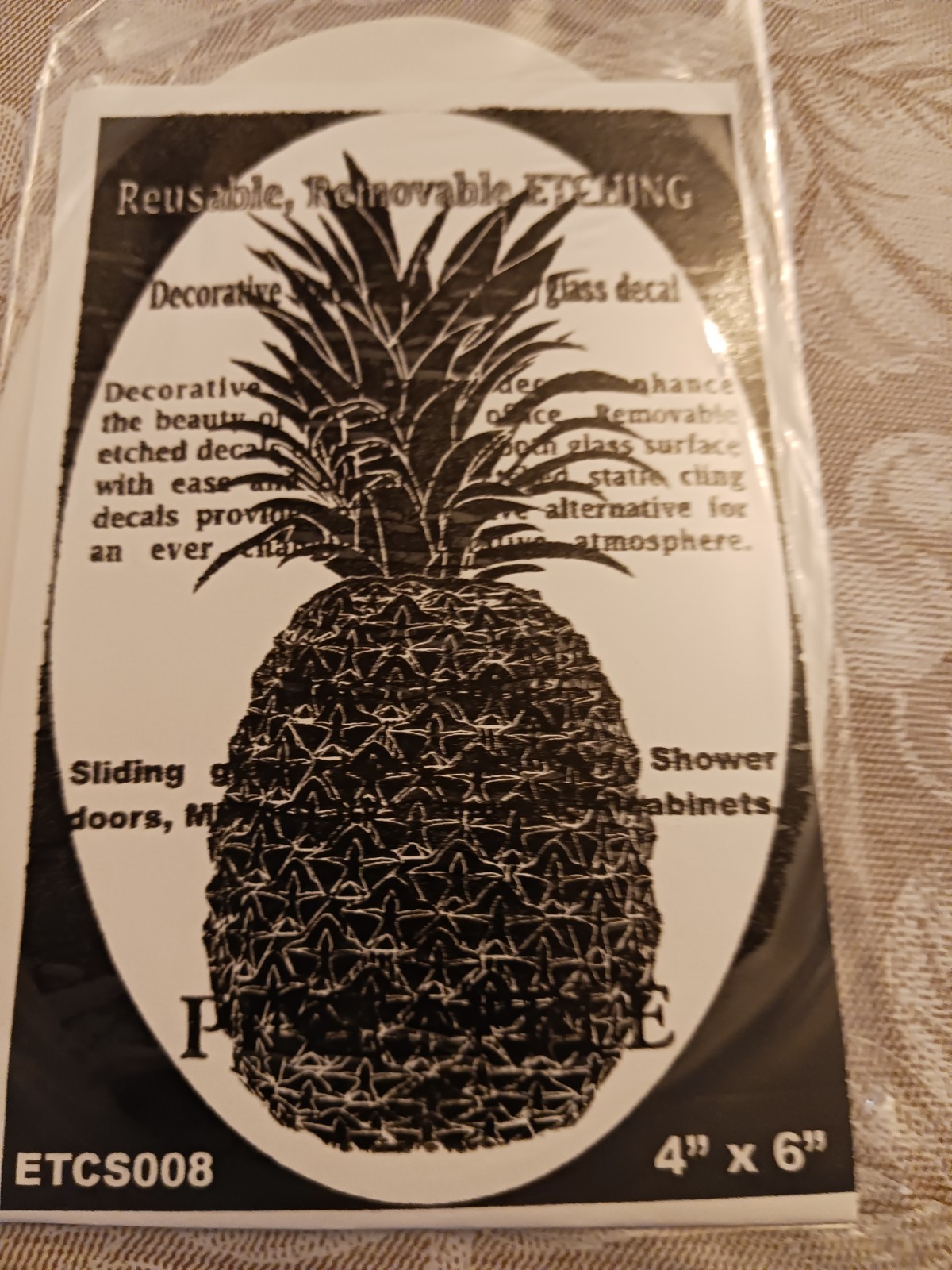 Pineapple Window Decal 4″x6″ OVAL Etched Glass Look Cling Removable & Reusable 8