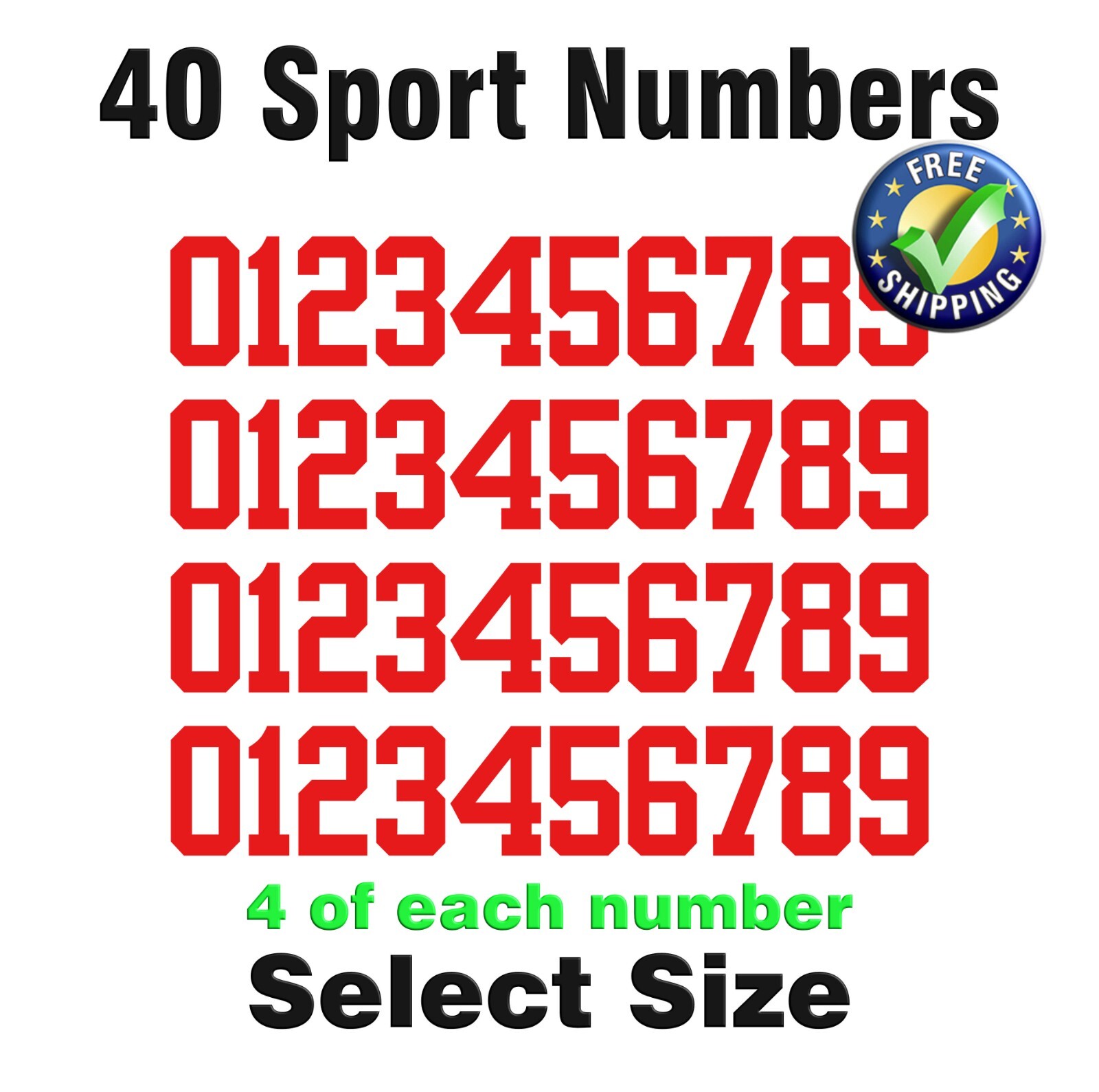 0-9 Numbers Vinyl Sticker Decal Sheet 40 ea Sport Font – COLOR RED – YRBF