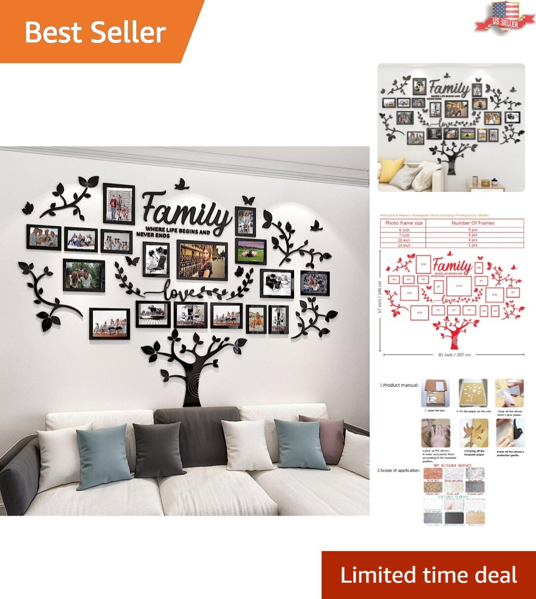 Premium Family Tree Wall Sticker – Acrylic – 57”x81” – 17 Picture Frames