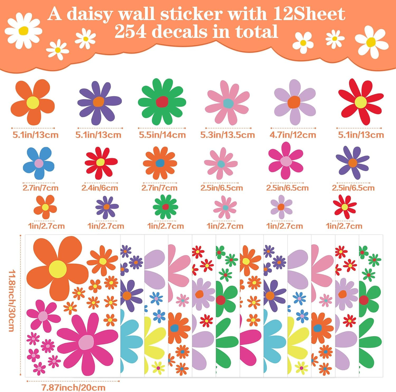 12 Sheets Daisy Wall Decals Boho Flower Wall Stickers Cute Kids Girls Room Decor