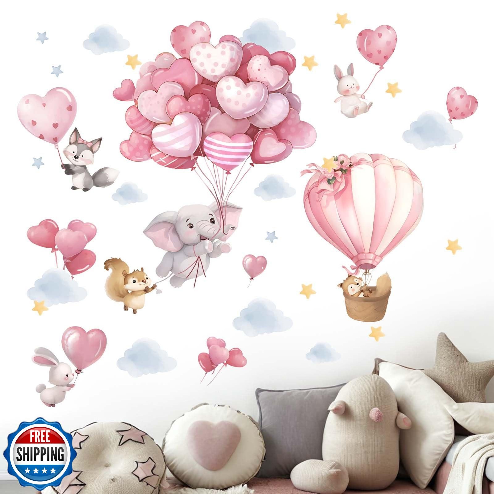 Animals Balloon Wall Stickers for Nursery: Baby Girls Kids Boys Bedroom Wall