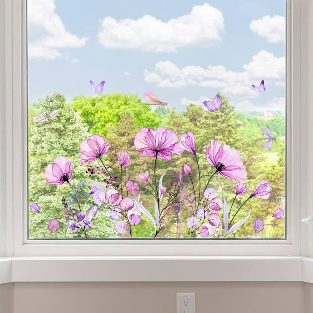 Double Sided Purple Floral Butterfly Static Window Sticker PVC Material