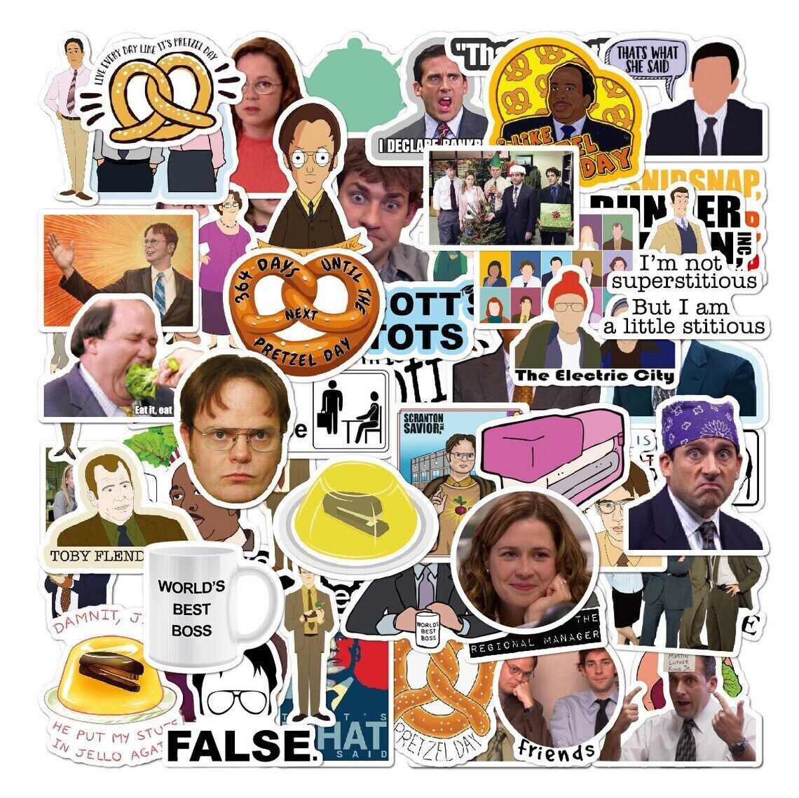 THE OFFICE Vinyl Stickers [F] FALSE Pretzel Day STAPLER JELLO Scott’s Totts +