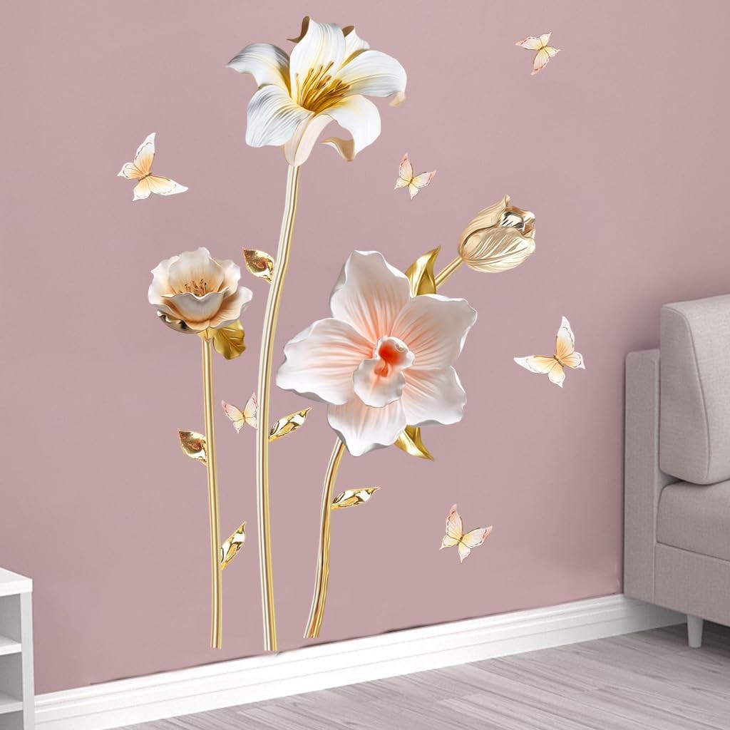 Large Tulip Wall Decals Gold 3D Floral Flower Wall Stickers Butterfly Wall Ar