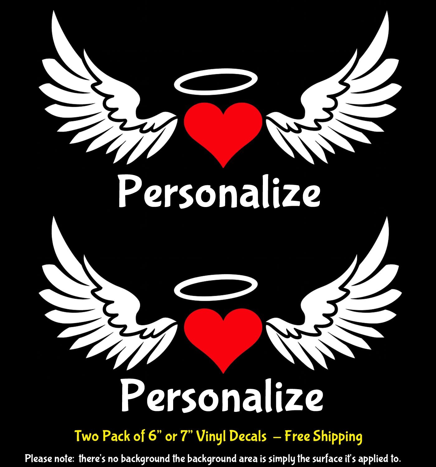 Angel Wings Heart Halo – Personalize Two 7″ White Vinyl Decals Car Truck Window