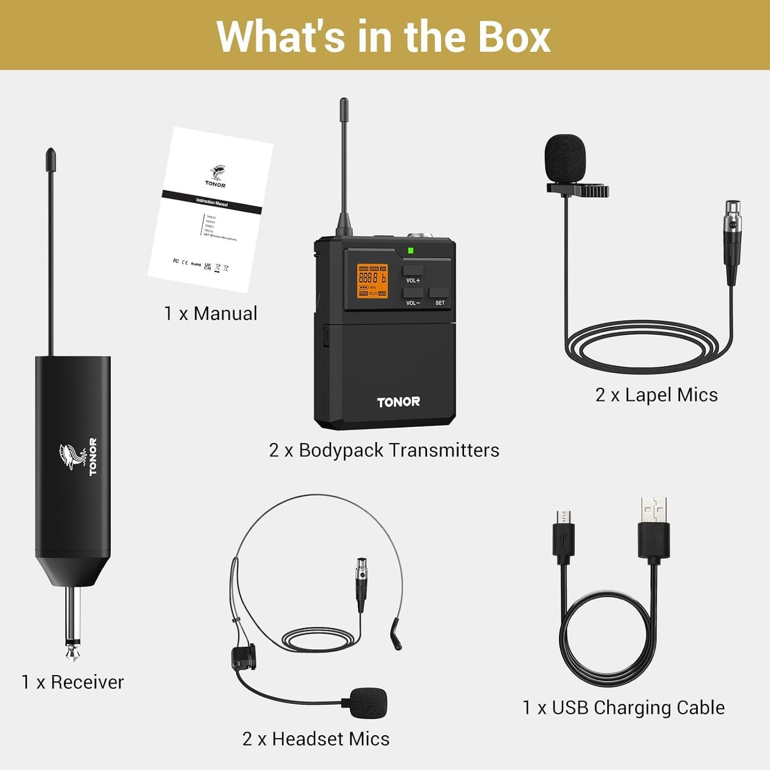 UHF Wireless Microphone System with Dual Headset Microphones/Lavalier Lapel Mics