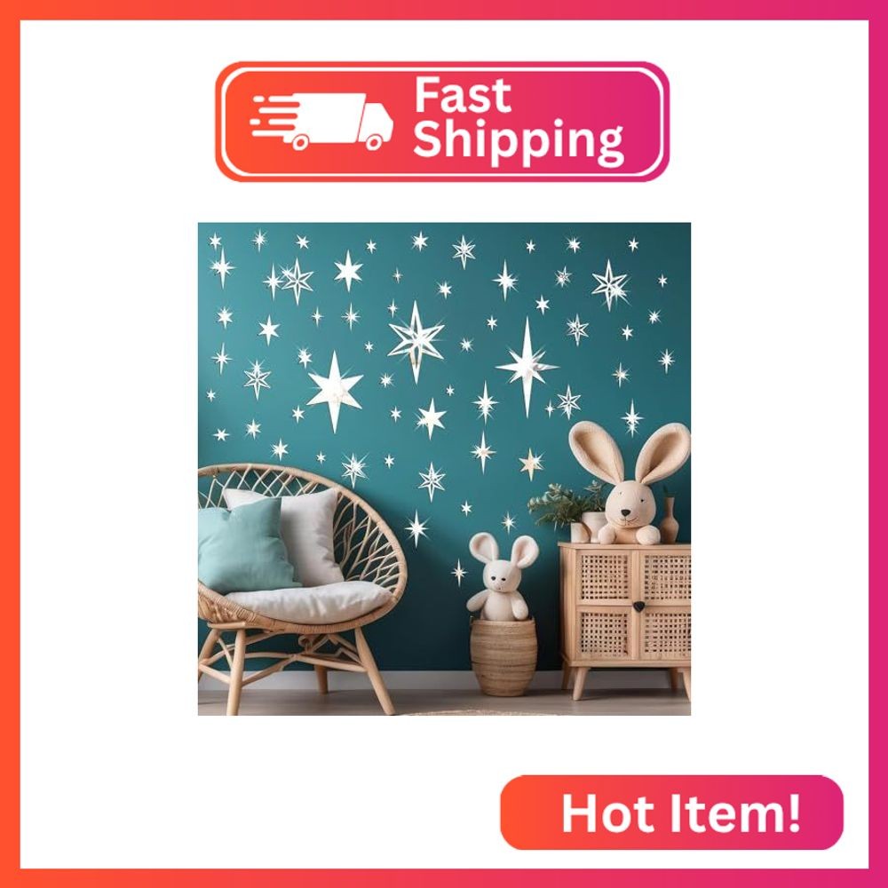 Silver Star 3D Metallic Vinyl Mirror Wall Stickers – Retro Sparkle Star Decals f
