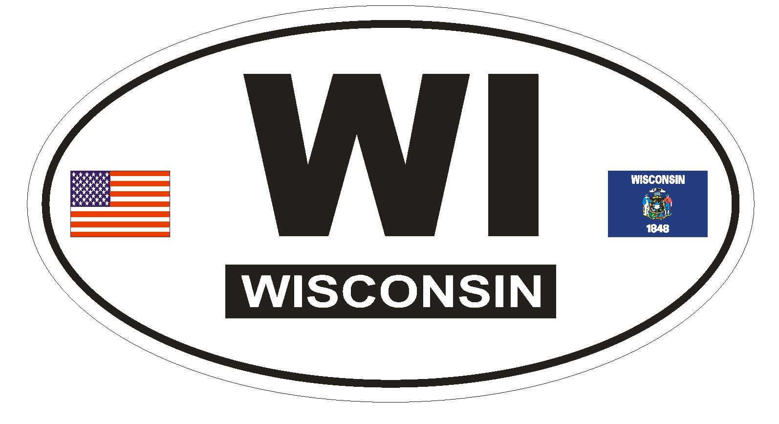 WI Wisconsin Oval Bumper Sticker or Helmet Sticker D766 Euro Oval with Flags