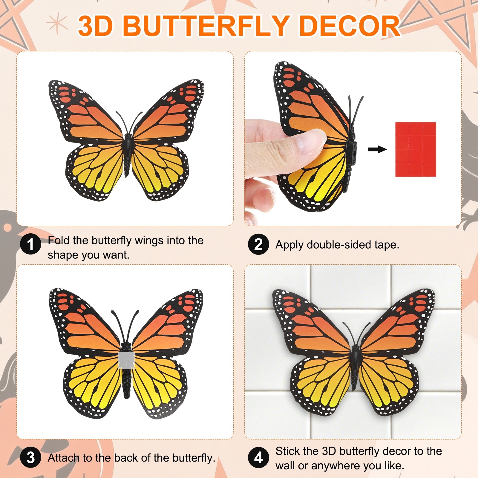 24 Pack Monarch Butterfly Decorations, 3D for Wall [Orange, 4 Sizes]