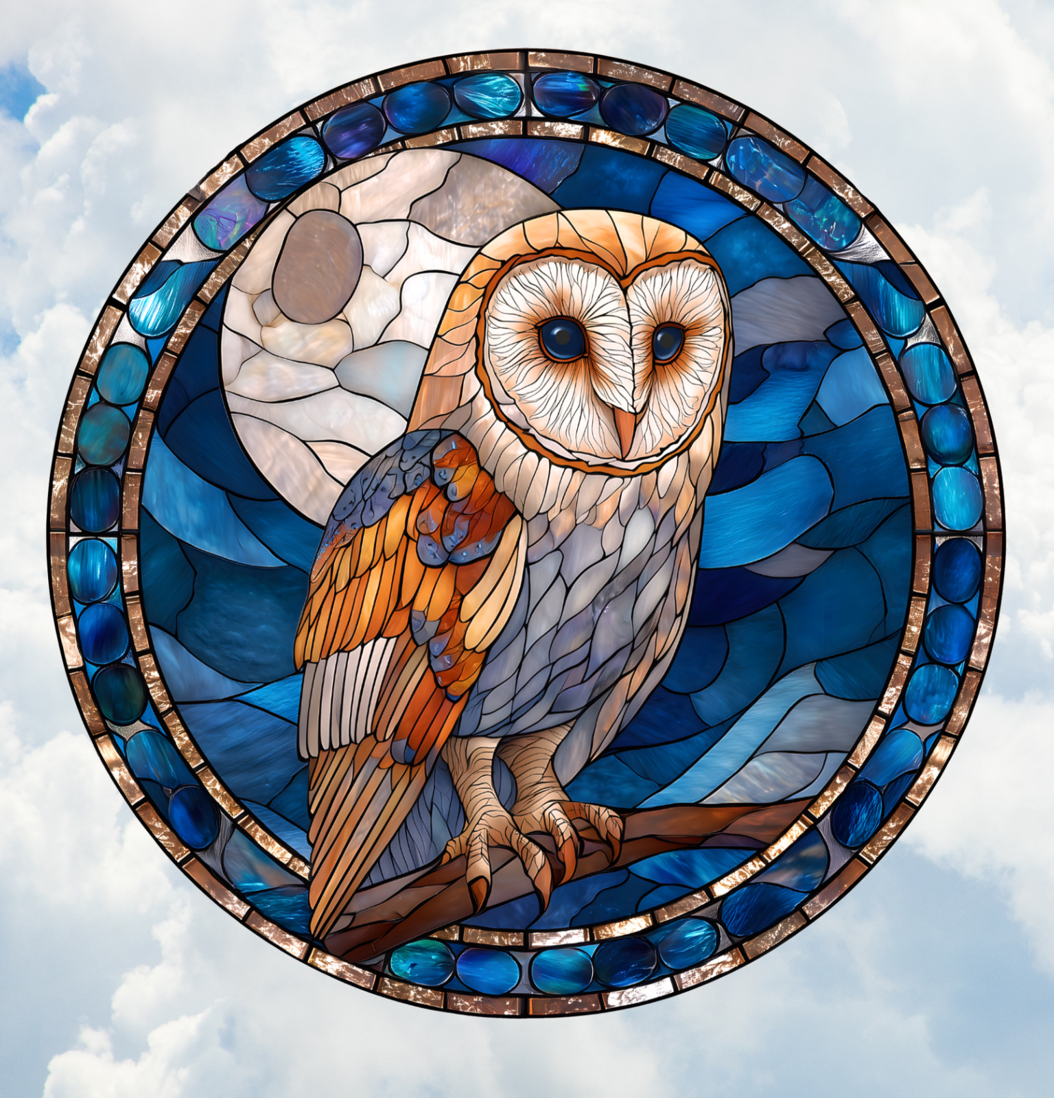 Barn Owl Faux Stained-Glass WINDOW CLING Size 8″ Round Repositionable Vinyl