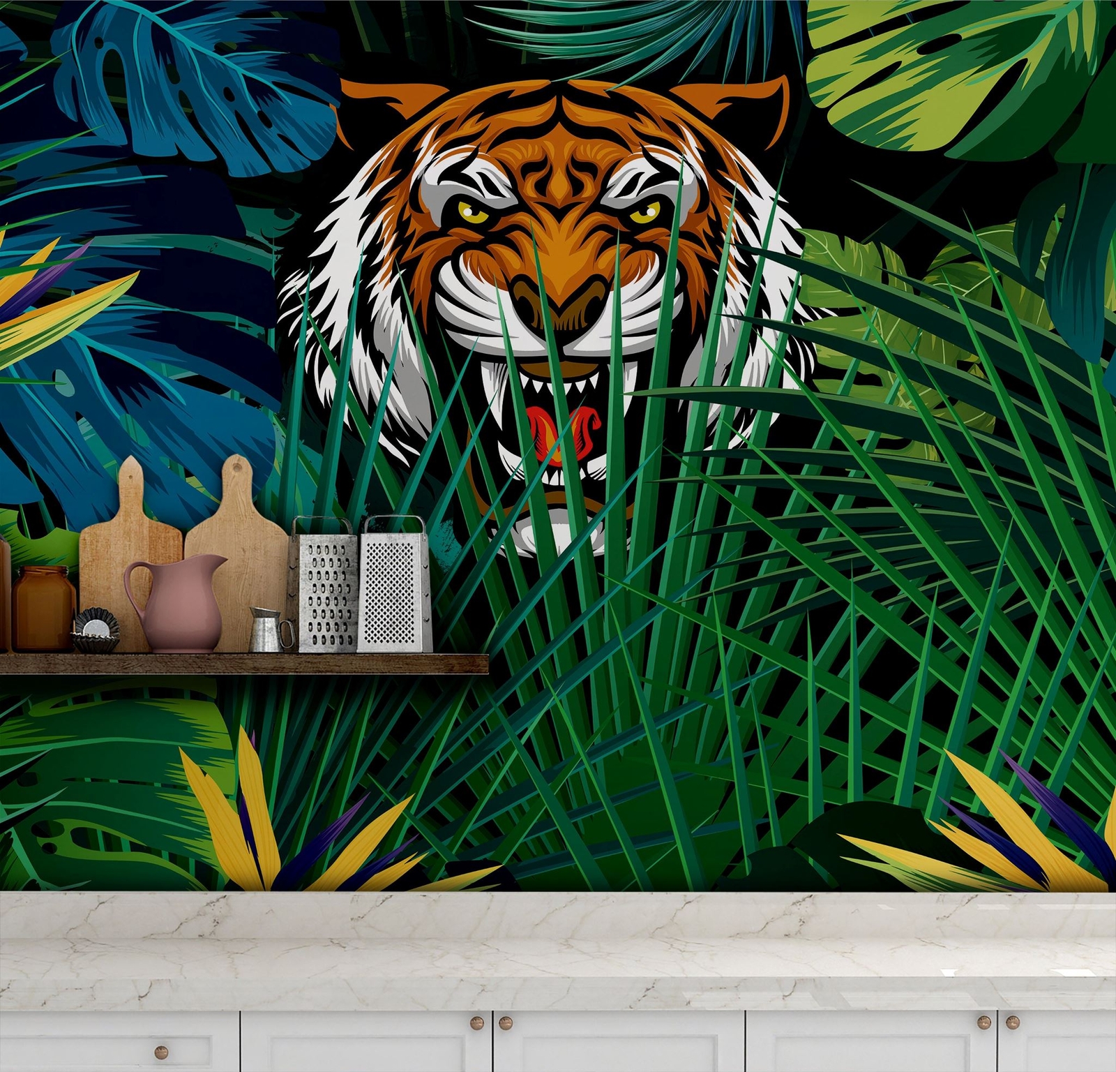 Hidden Tiger Behind Jungle Leaves Wall Mural. Peel and Stick Wallpaper. Safari W