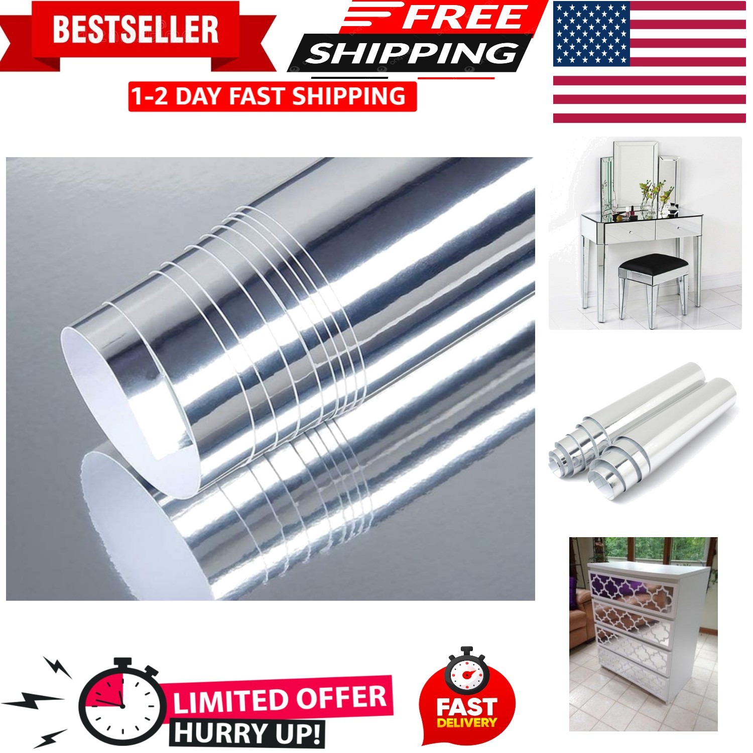 12”X78”Chrome Mirror Silver Vinyl Wrap Sticker Decal Film Sheet,Self-Adhesive
