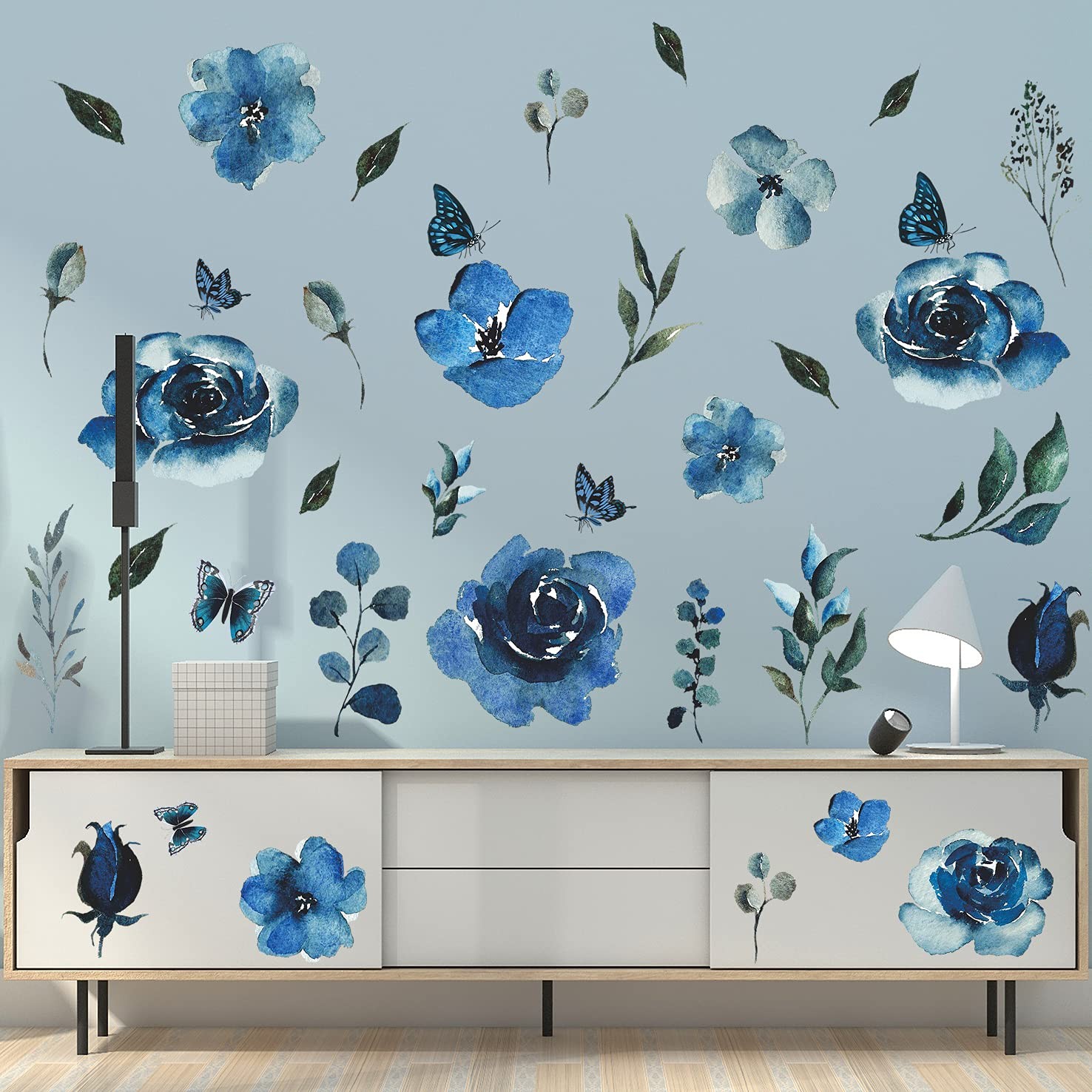 4 Sheets Watercolor Blue Roses Wall Decals Art 12 inch x 18 inch,