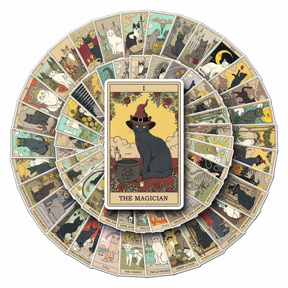 Vintage Cat Tarot Stickers – Funny PVC Decals for DIY Decor & Gifts (10-78PCS)