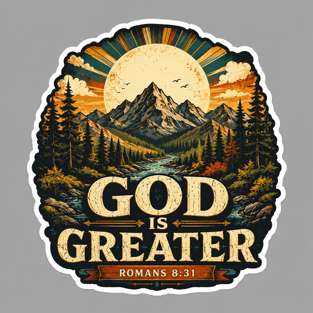 Christian Sticker Vinyl Decal God Is Greater Romans 8:31 Mountain Bible Gift