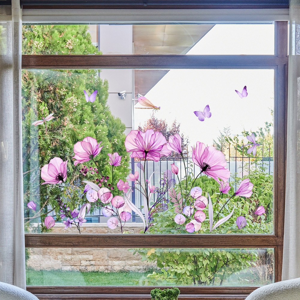 Double Sided Purple Floral Butterfly Static Window Sticker PVC Material