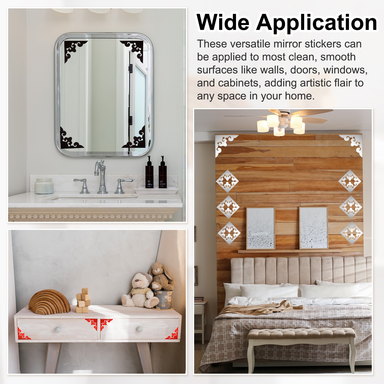 8Pcs Corner Decorative Pattern Hollow Mirror Wall Stickers(Black, 4×4″)