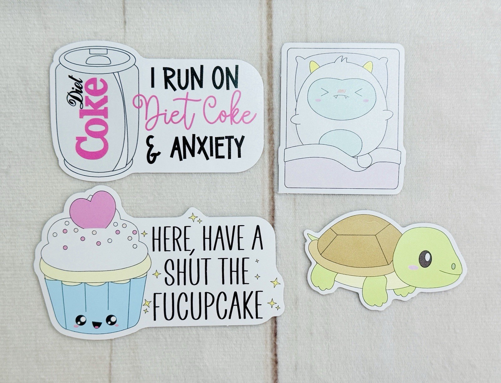 Lot x4 Sweet Kawaii Design SKD Diet Coke, Cupcake, Turtle, Frank Vinyl Stickers