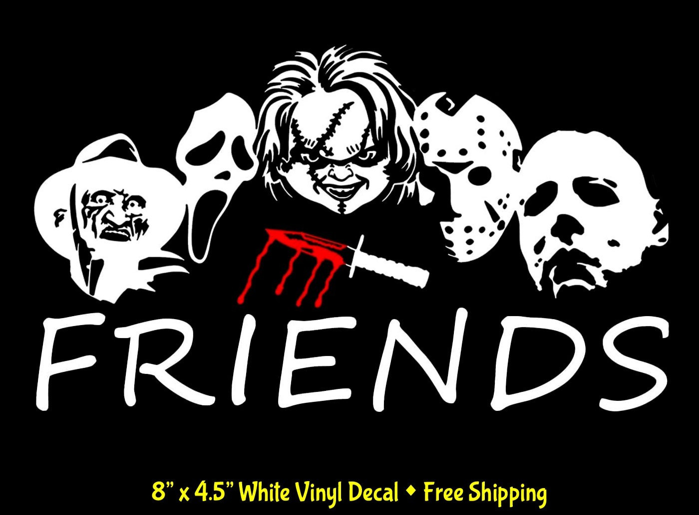 Friends Horror Characters Jason Chucky Myers Fred Ghost face 8″ White Decal