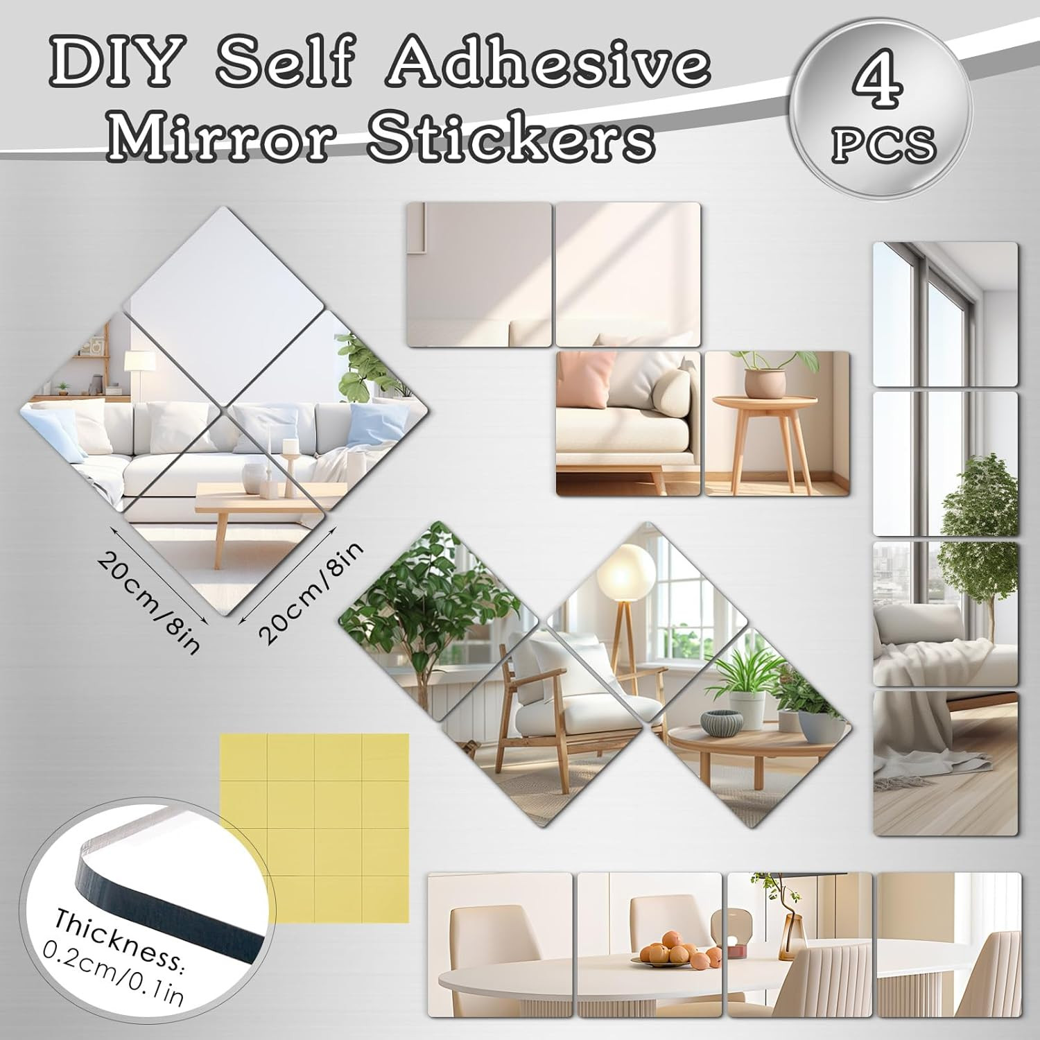 4 Pack Shatterproof Acrylic Mirrors Tiles Self Adhesive Wall Mirror Stickers Unb