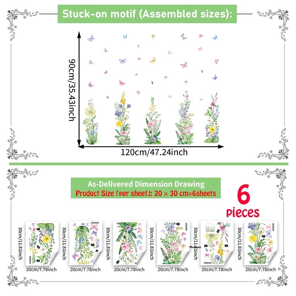 Easy Apply Wildflower Butterfly Wall Decals 47.2 x 35.4 in PVC Material