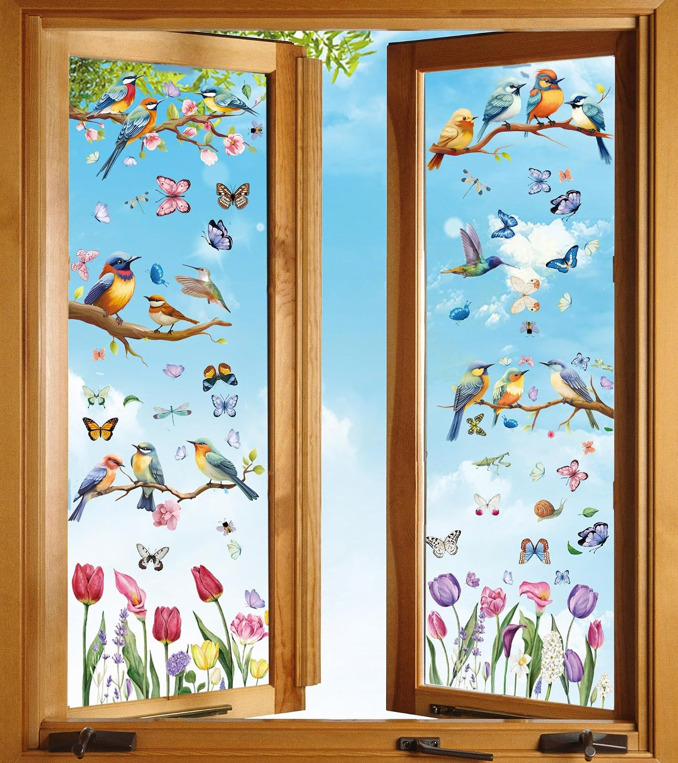 Spring Window Cling Sticker – 78PCS Tulip Butterfly Flower Hummingbirds Window