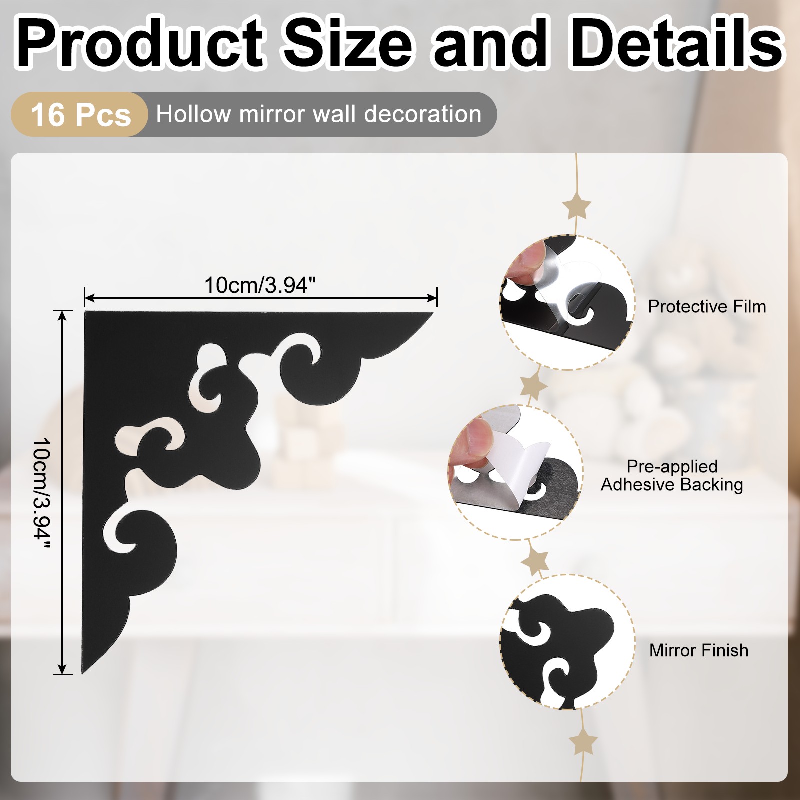 16Pcs Corner Decorative Pattern Hollow Mirror Wall Stickers Black, 4×4″