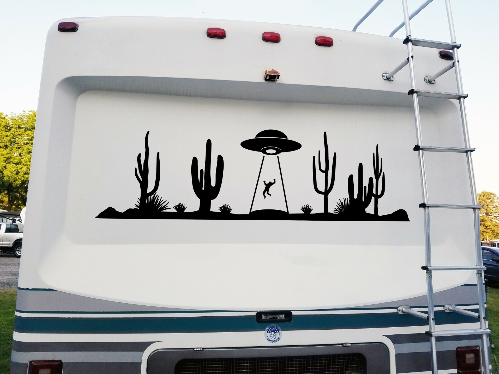 UFO Desert Cactus Scene Vinyl Decal V2 – RV Graphics Alien Abduction – Die Cut
