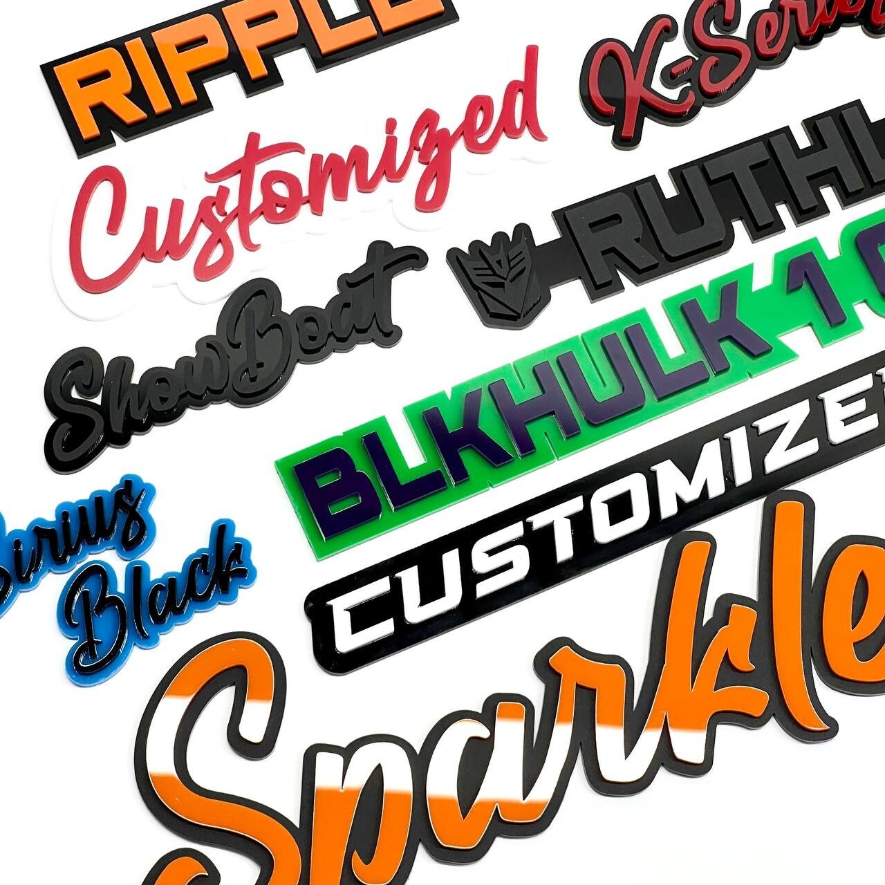 Custom Car Acrylic Emblem Badge MULTI COLOR Customized Text Names