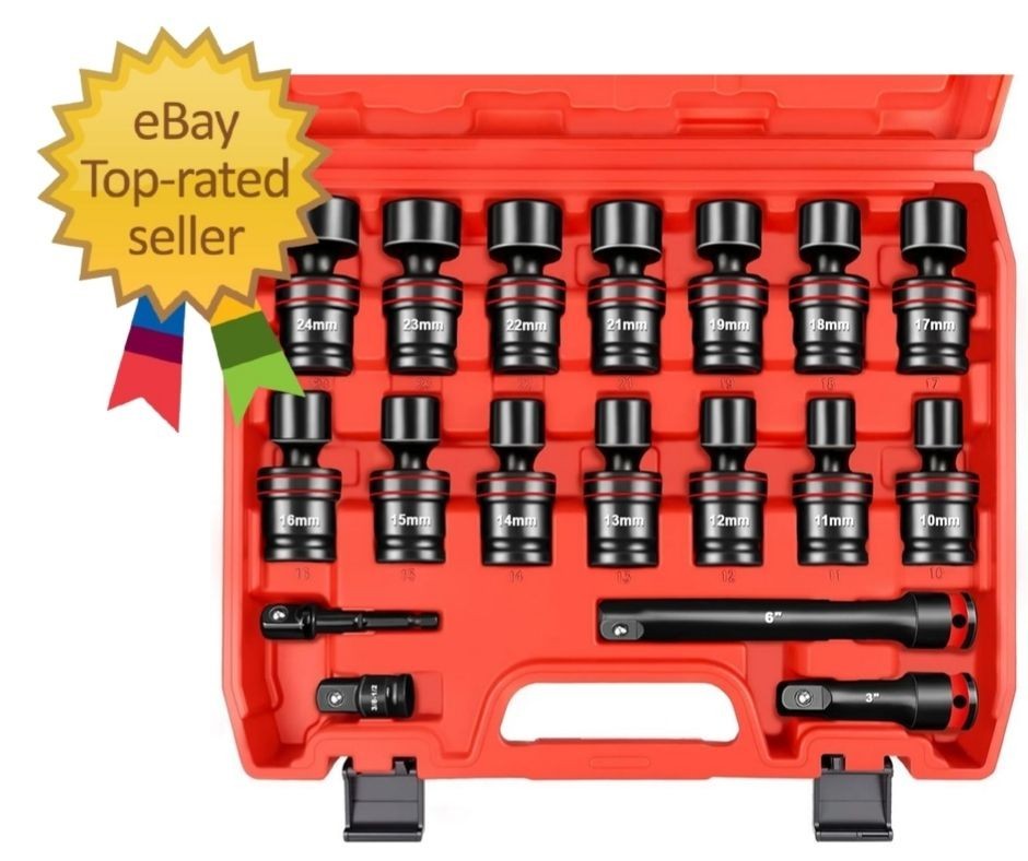 18-Piece 1/2″ Drive Shallow Impact Socket Set, Metric Wobble & Swivel Sockets, 1
