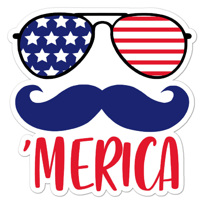 ‘Merica Mustache Glasses, Vinyl Decal Sticker, Indoor Outdoor, 3 Sizes, #9921