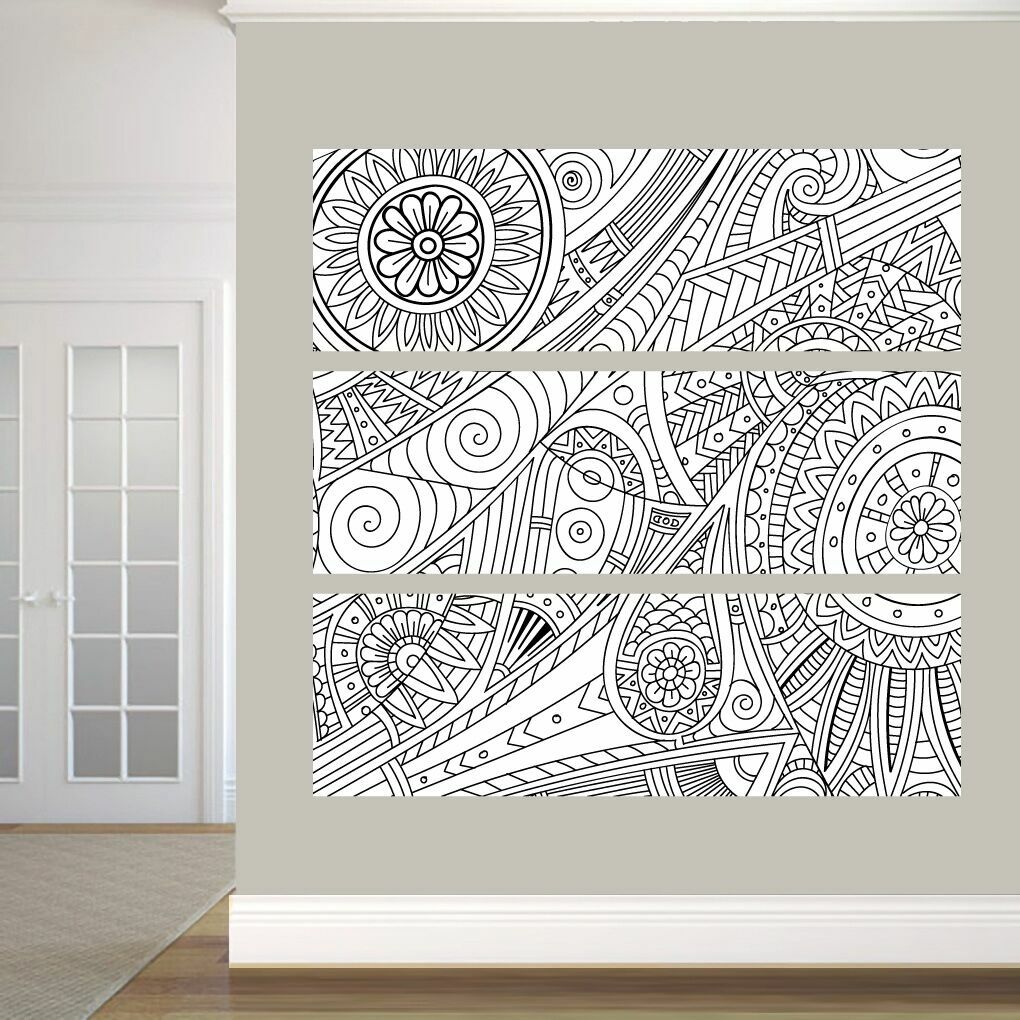 Geometric Black and White Pattern Mural Wall Decal – Flowers and Shapes, Vinyl