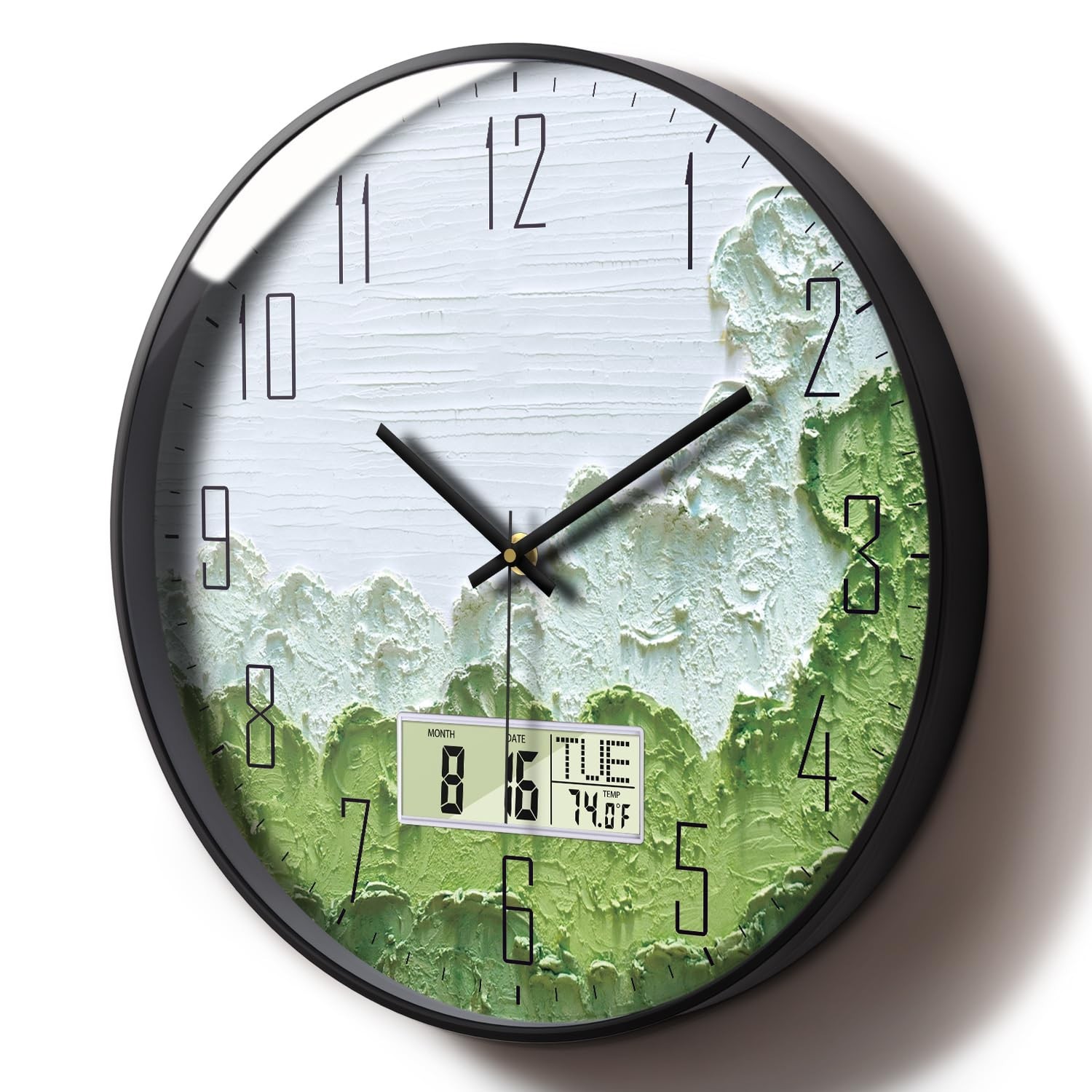 Modern Wall Clock with Temperature Green Forest Large Display Non-Ticking Bat…
