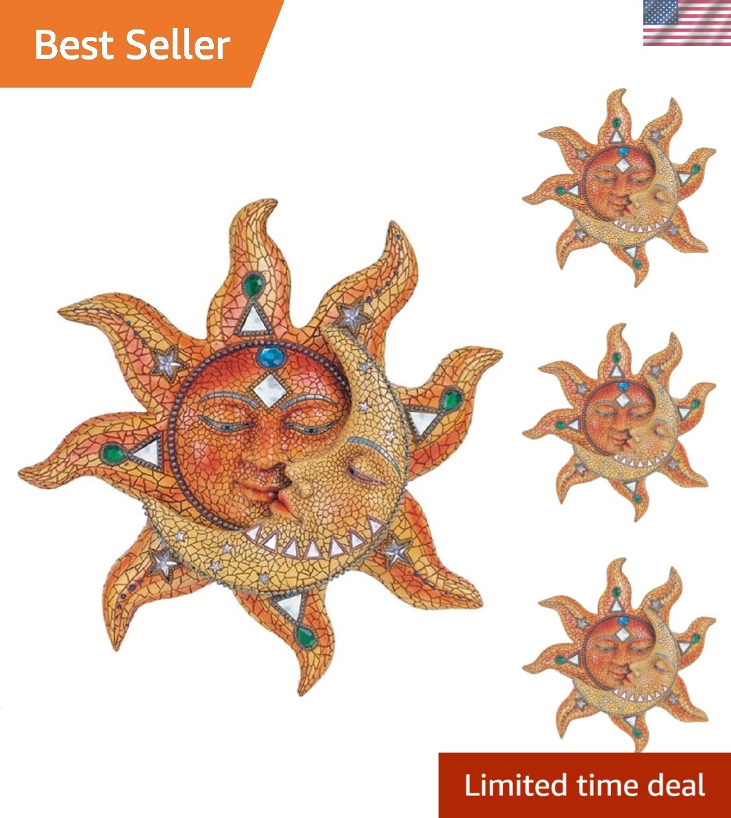 13-Inch Multicolor Mosaic Face Sun and Yellow Moon Wall Art for Modern Decor