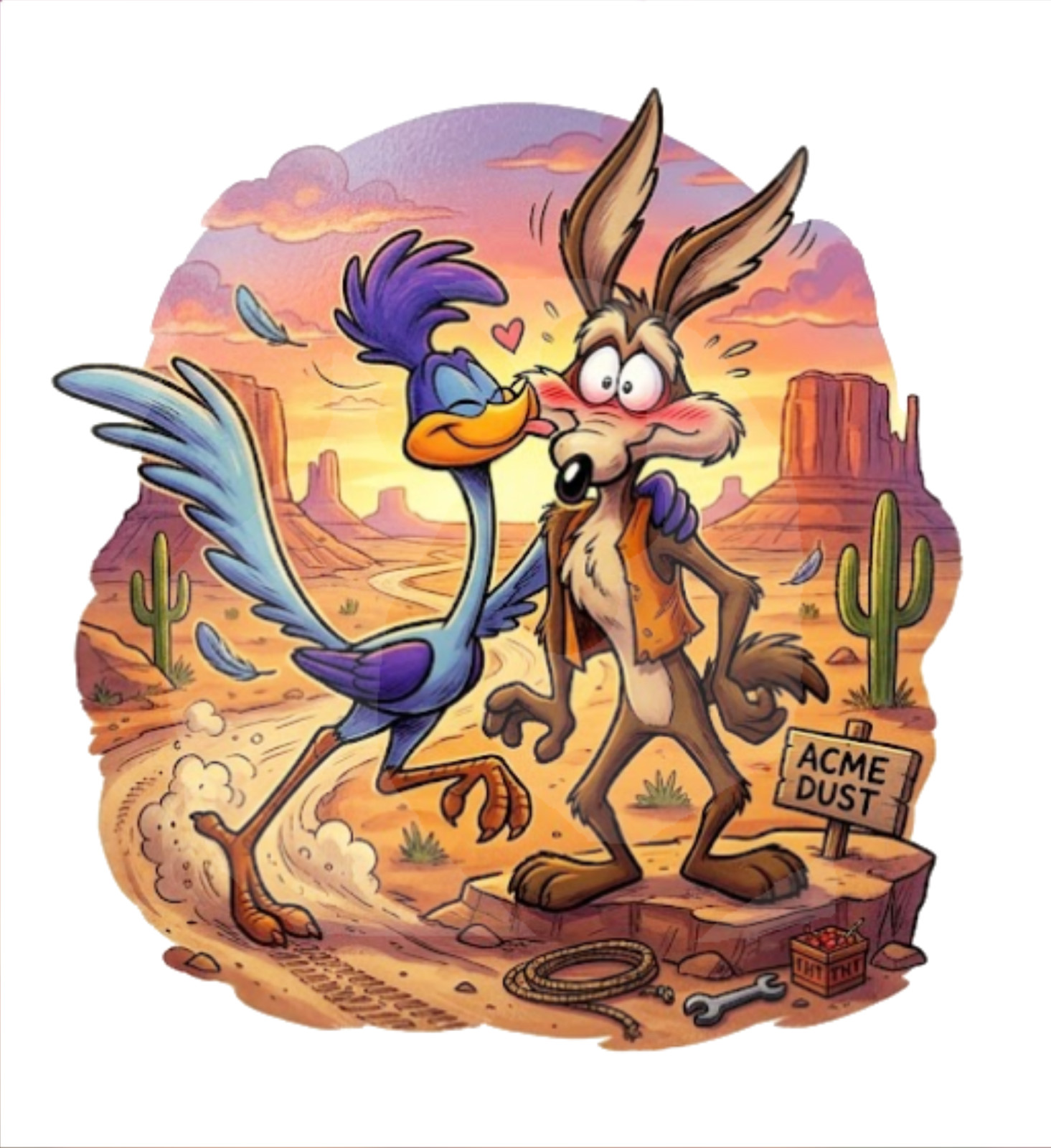 Road Runner Kissing Wile E. Coyote Vinyl Sticker Cartoon Desert Chase Decal