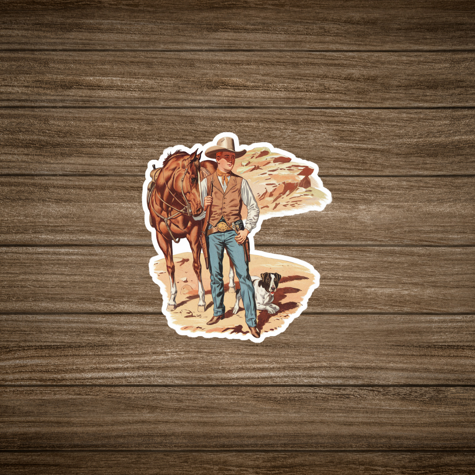 Vintage Cowboy & Horse Sticker – Western Decor, Farmhouse Style #2577