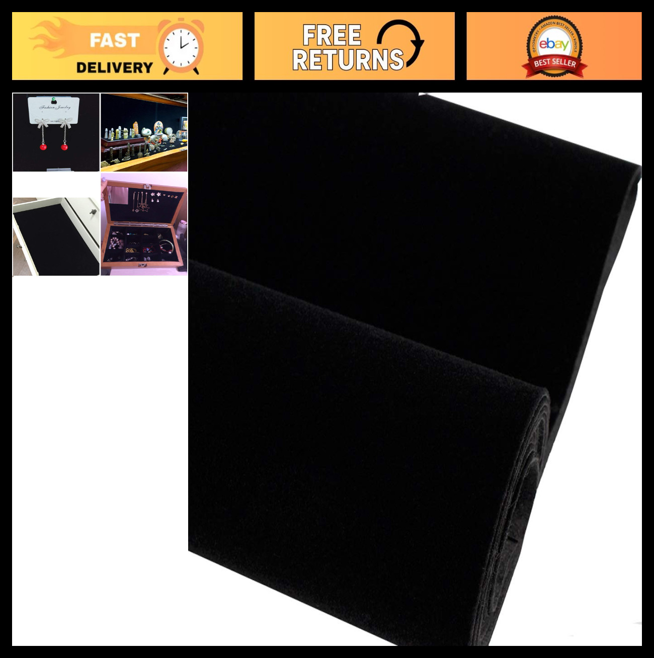 Self-Adhesive Black Velvet Flock Liner for Drawers, Cabinets & Crafts – 17.7″x98
