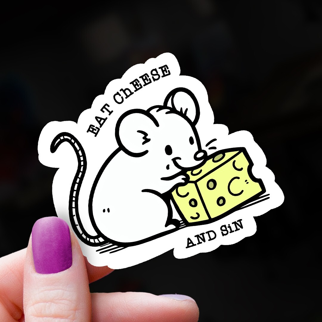 Funny Vinyl Sticker: “Eat Cheese and Sin” Cute Mouse Decal for Water Bottles
