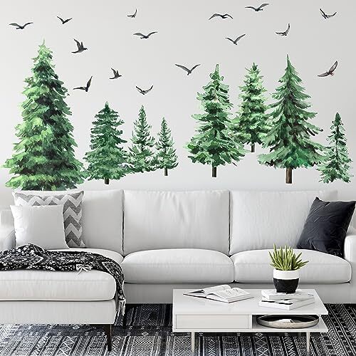 Watercolor Pine Tree Wall Decals Large Tree Wall Sticker Peel and Classic Style