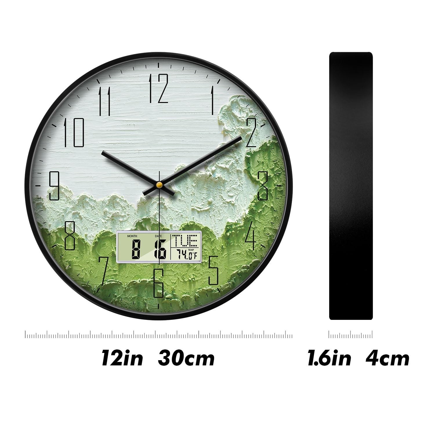 Modern Wall Clock with Temperature Green Forest Large Display Non-Ticking Bat…