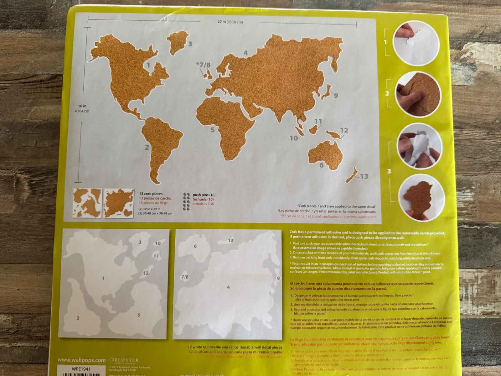 WallPops Cork World Map Wall Decal 25 Pc Peel Stick Bulletin Board Travel Pin Ma
