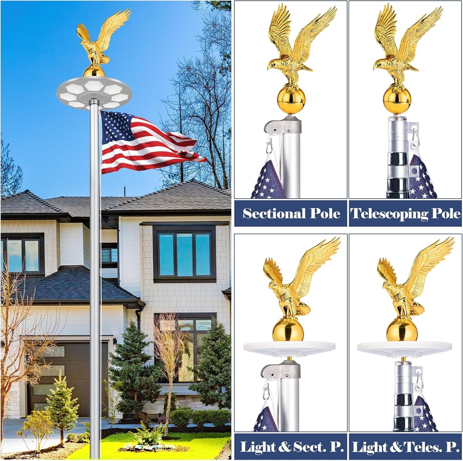 Gold Flag Pole Eagle Topper 11″, Gold Ball Topper 3″,1/2″-13 Threaded Screw w/He