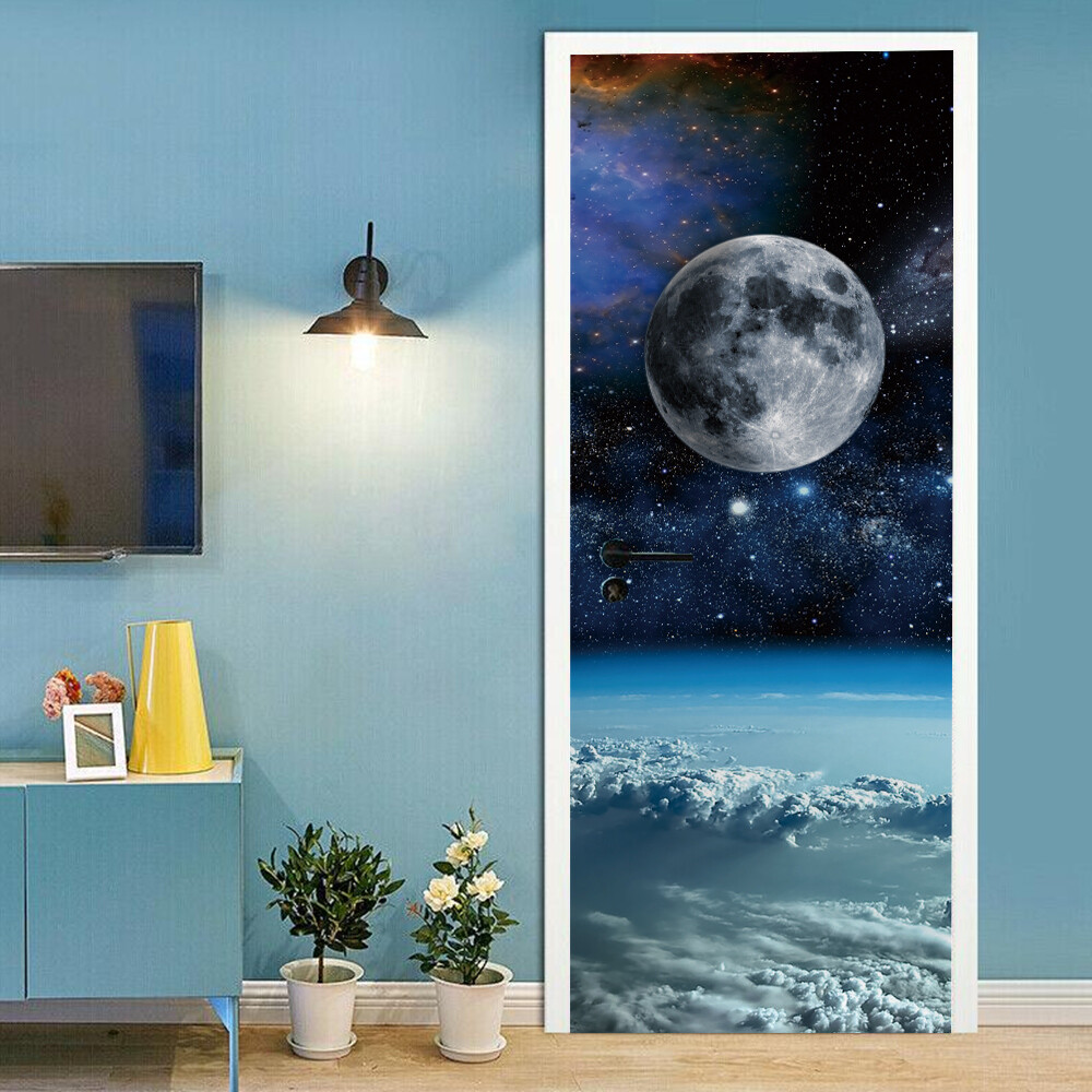 3D Wall Art Moon Universe Space Door Sticker PVC Decal Self-adhesive Wrap Mural