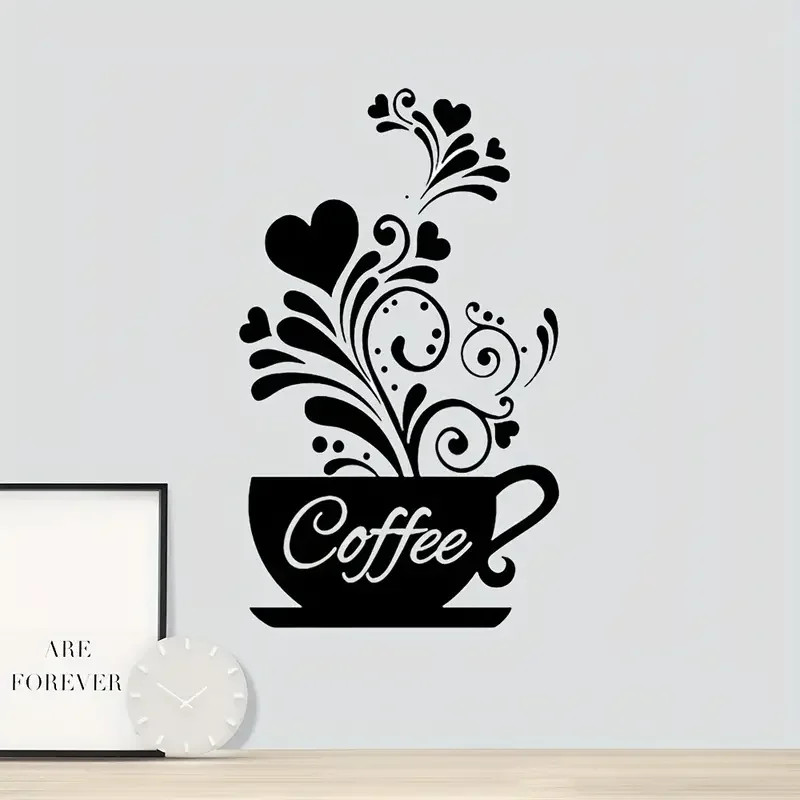 Black Flower Potted Coffee Pattern Wall Sticker Removable Wall Decals