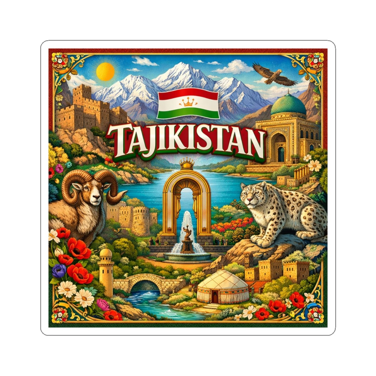 Tajikistan Sticker | Pamir Mountains, Snow Leopard, Tajik Travel Souvenir