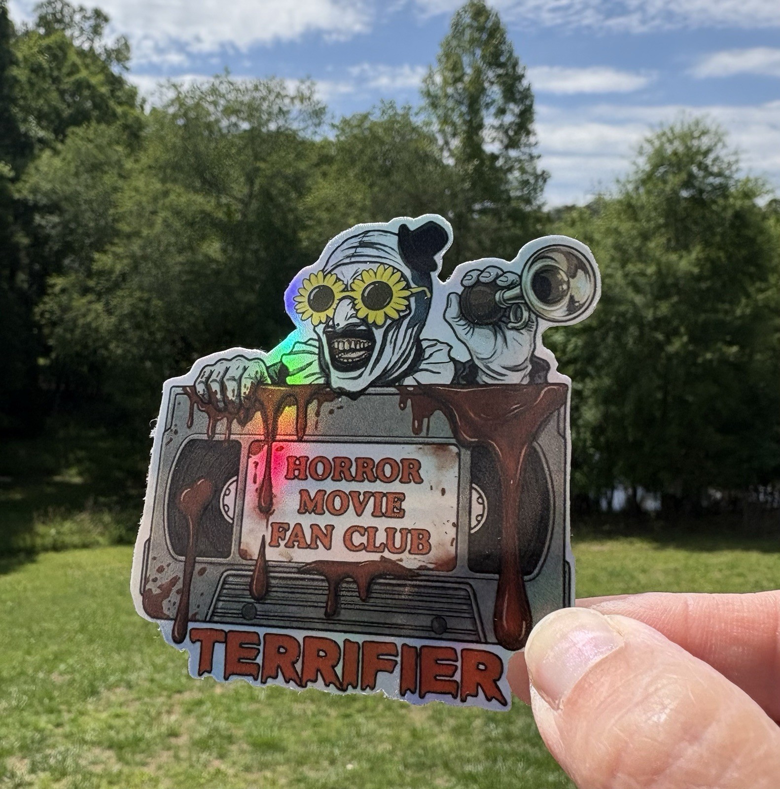 Holographic Horror Sticker VHS Tape – Art The Clown Terrifier Bloody With Horn