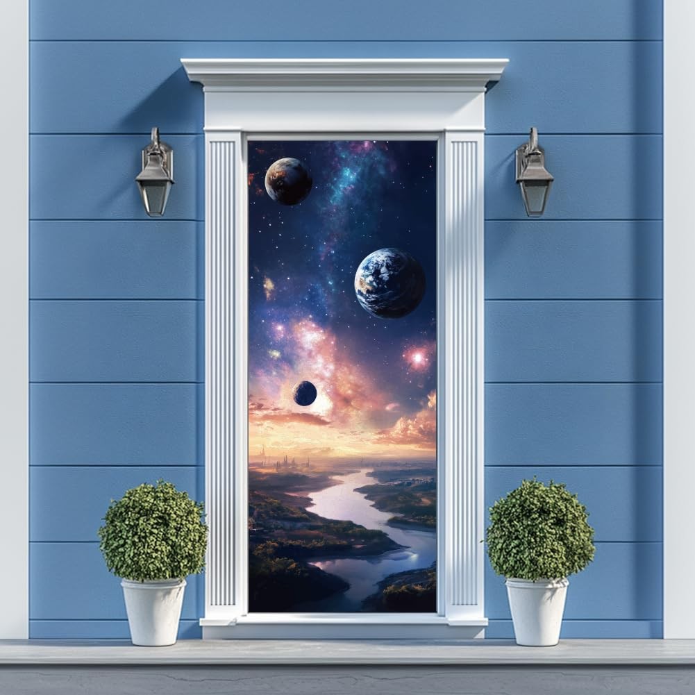 2 Sheets Planet -Adhesive Door Sticker, 31.5×78.7inch Milky Way Starry Sky Do…
