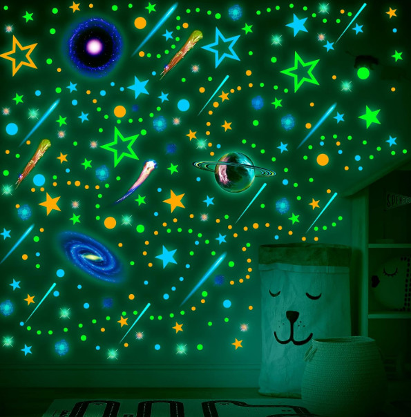 495 Pcs Glow in The Dark Moons and Stars Wall Decals for Ceiling,Glowing Planets